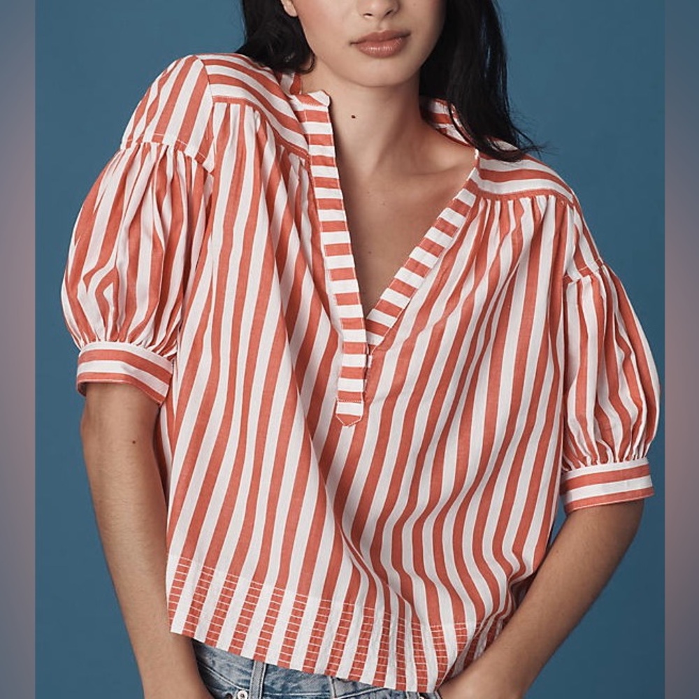Anthropologie Striped Puff-Sleeve V-Neck top size L- upscale preppy